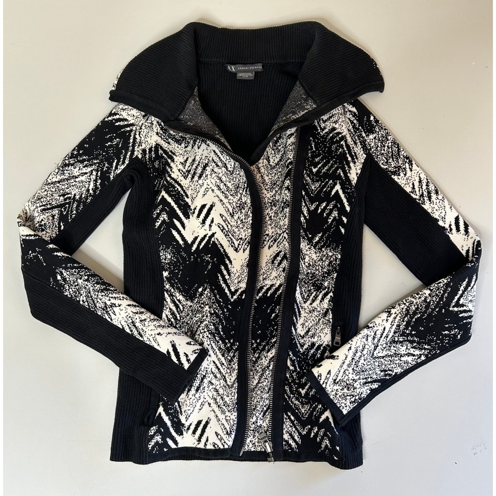 Armani Exchange Jacket Womens Black White Chevron Asymmetric Zip Sweater XS